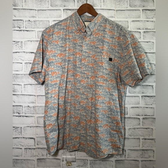 Solaris blue & orange fish pattern collared short sleeve button down shirt Lg - Picture 1 of 5
